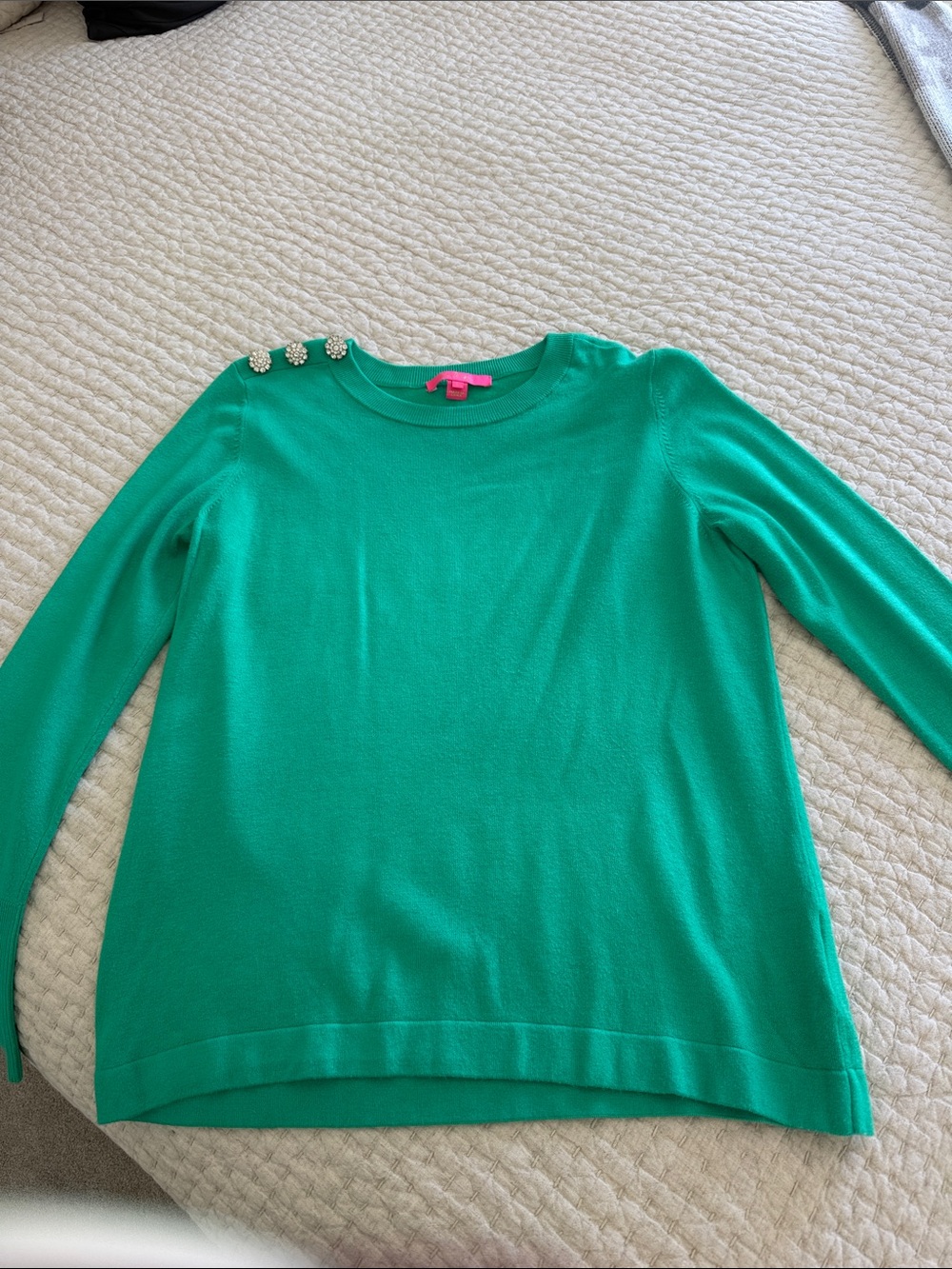 Lilly Pulitzer Emerald Crewneck Sweater with Pearl Shoulder Buttons